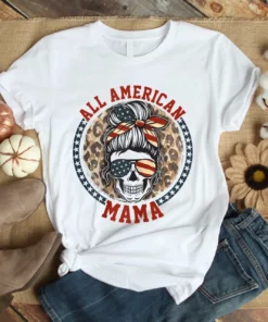 All American Mama Leopard Messy Bun Mom 4th Of July Skull Mom Tshirt