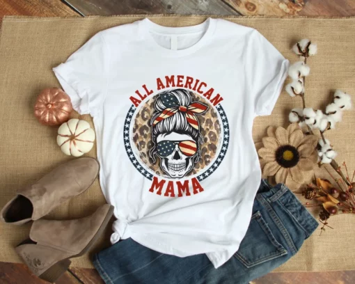 All American Mama Leopard Messy Bun Mom 4th Of July Skull Mom Tshirt