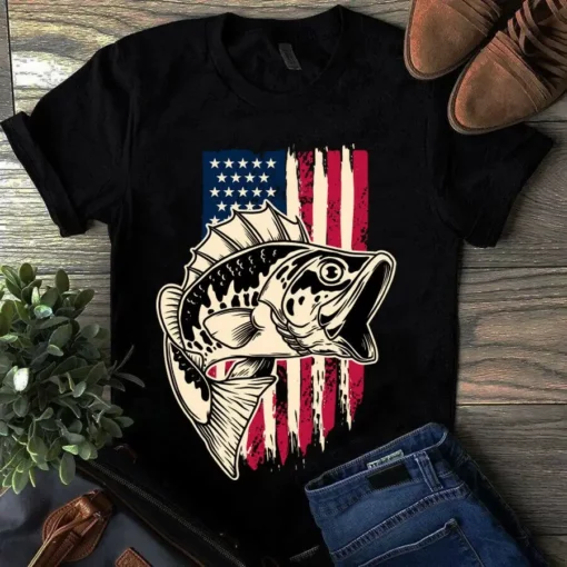 American Flag Fishing Bass Unisex Tshirt