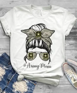 Army Mom Messy Bun Hair Glasses Mom Tshirt