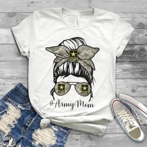 Army Mom Messy Bun Hair Glasses Mom Tshirt