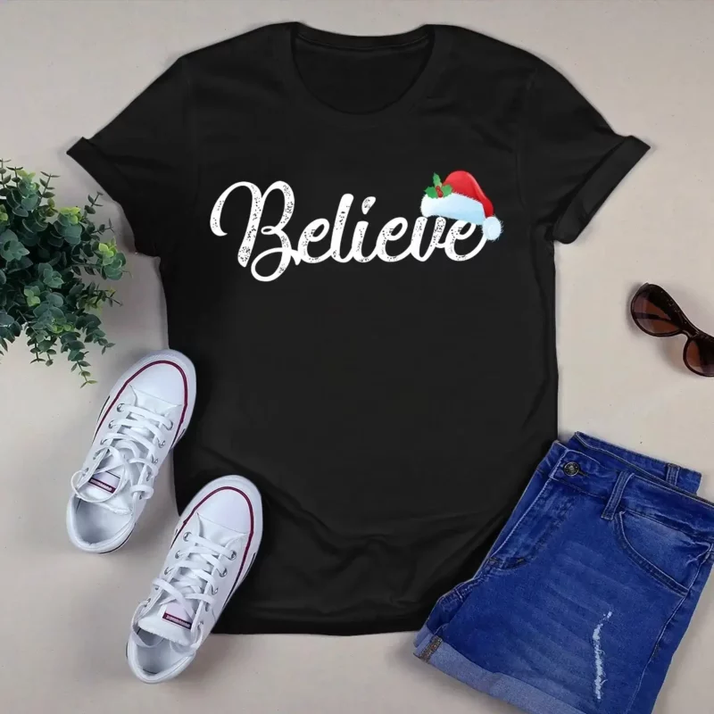 Believe Santa Hat Christmas Xmas Gift Tshirt