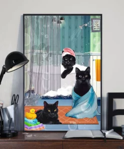 Black Cat Bathroom Toilet Taking Shower Funny Meow Cat Poster