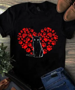 Black Cat Lover Heart Paw Valentines Day Gift Meow Cat Unisex Tshirt
