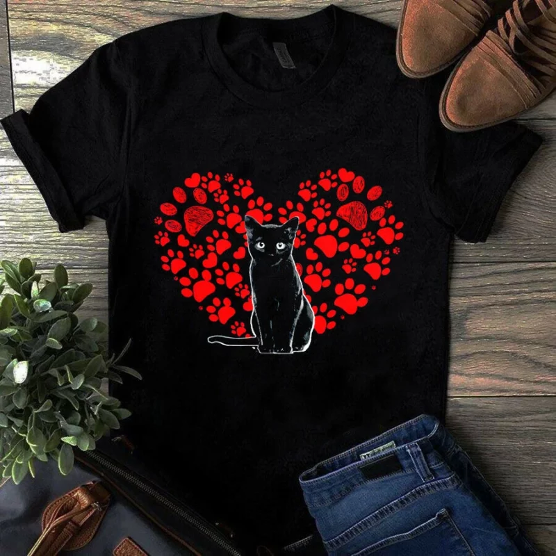 Black Cat Lover Heart Paw Valentines Day Gift Meow Cat Unisex Tshirt
