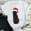Black Cat Santa Hat Christmas Xmas Light Gift Cat Tshirt