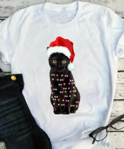 Black Cat Santa Hat Christmas Xmas Light Gift Cat Tshirt