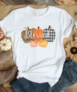 Blessed Pumpkin Bufallo Plaid Leopard Print Autumn Fall Pumpkin Tshirt