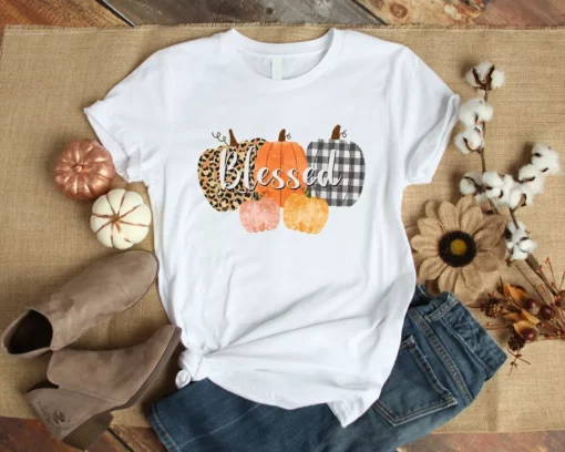 Blessed Pumpkin Bufallo Plaid Leopard Print Autumn Fall Pumpkin Tshirt