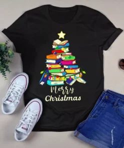 Book Christmas Tree Xmas Light Merry Christmas Gift Tshirt