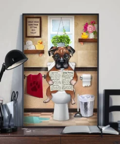 Boxer Toilet Reading Newspaper Funny Dog Poster