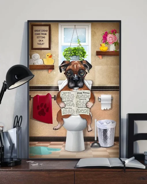 Boxer Toilet Reading Newspaper Funny Dog Poster