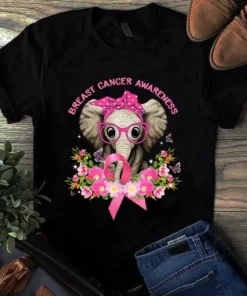 Breast Cancer Awareness Elephant Floral Flowers Pink Ribbon Bandage Gift Tshirt