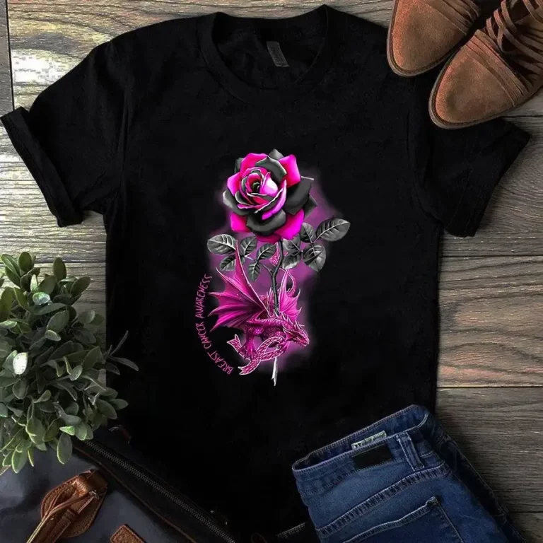 Breast Cancer Dragon Ribbon Pink Warrior Rose Flower Dragon TShirt