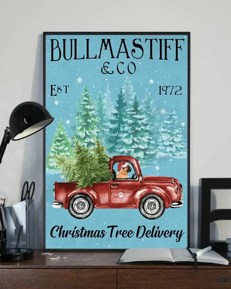 Bullmastiff and Co Christmas Tree Delivery Xmas Dog Poster
