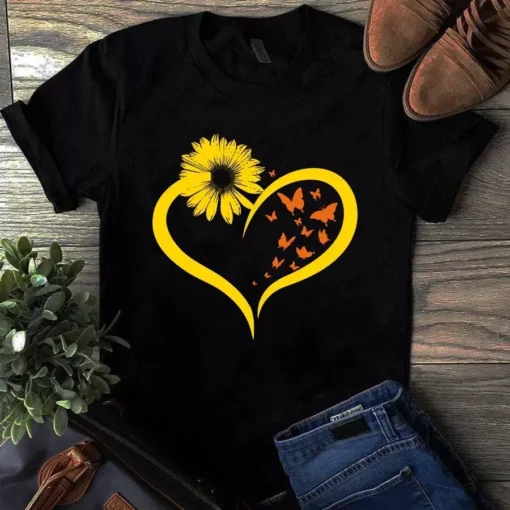 Butterflies Sunflowers Heart Hippie Tshirt