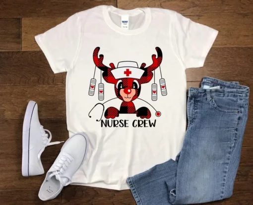 Christmas Reindeer Nurse Crew Cute Xmas Santa Hat Nurse Gift Tshirt