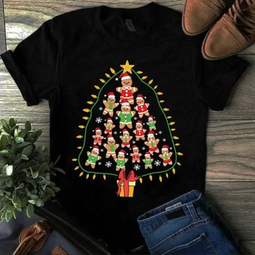 Christmas Tree Gingerbread Man Cookies Xmas Tree Light Gift Cute Tshirt