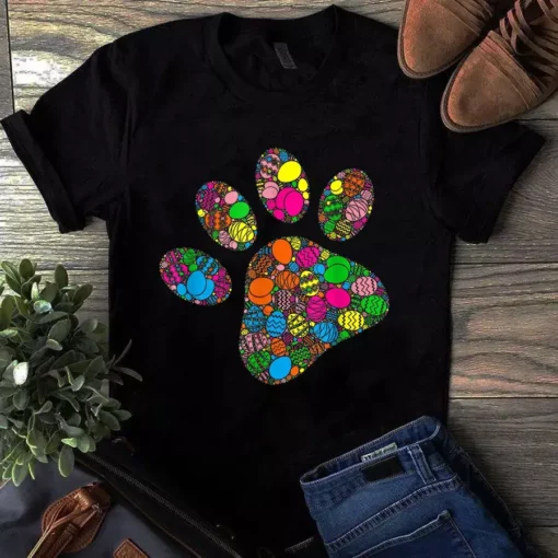 Colorful Egg Dog Cat Paw Gift For Women Men Kids Easter Day Tshirt