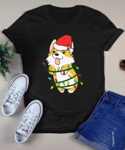 Corgi Dog Santa Hat Christmas Tree Lights Xmas Gift Tshirt