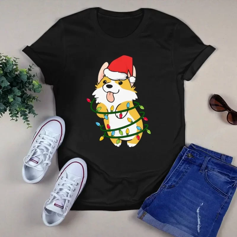 Corgi Dog Santa Hat Christmas Tree Lights Xmas Gift Tshirt
