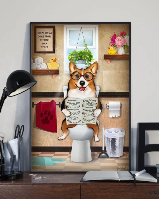 Corgi Toilet Reading Newspaper Funny Dog Poster