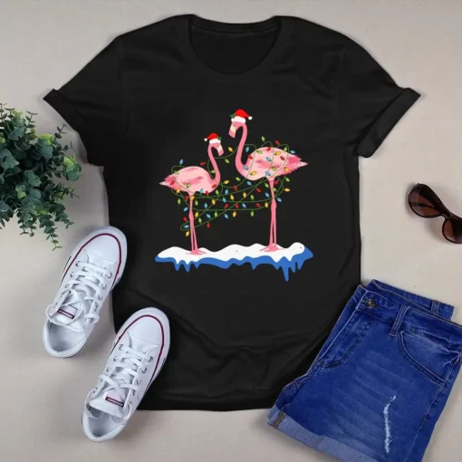 Couple Flamingo Christmas Tree Lighs Xmas Merry Christmas Gift Tshirt