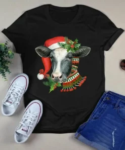Cute Cow With Santa Hat Christmas Xmas Farmer Gift Tshirt