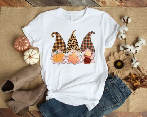 Cute Gnomes Buffalo Plaid Leopard Hat Autumn Fall Lover Gift Tshirt