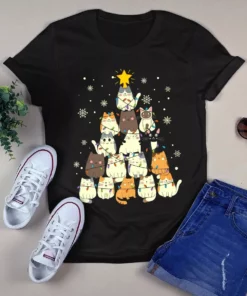 Cute Meow Cat Christmas Light Xmas Tree Gift Tshirt