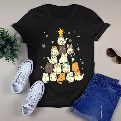 Cute Meow Cat Christmas Light Xmas Tree Gift Tshirt