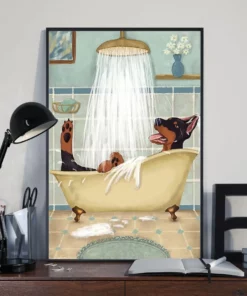 Doberman Taking Shower Bathroom Dog Home Decor Wallart Poster