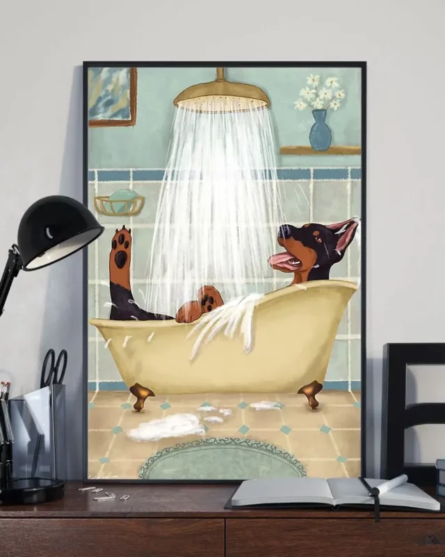 Doberman Taking Shower Bathroom Dog Home Decor Wallart Poster