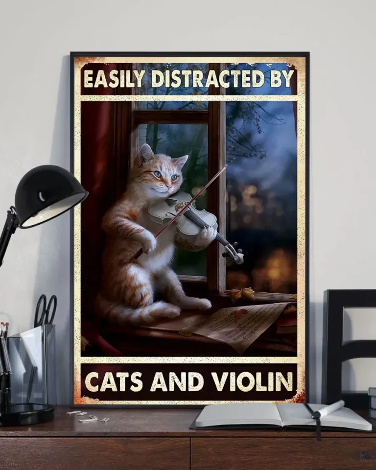 Easily Distracted by Cats and Violin Funny Meow Cat Poster