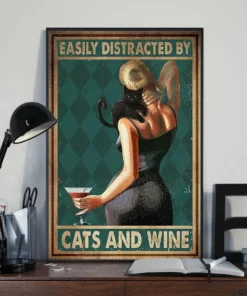 Easily Distracted By Cats And Wine Blonde Girl Black Cat Poster