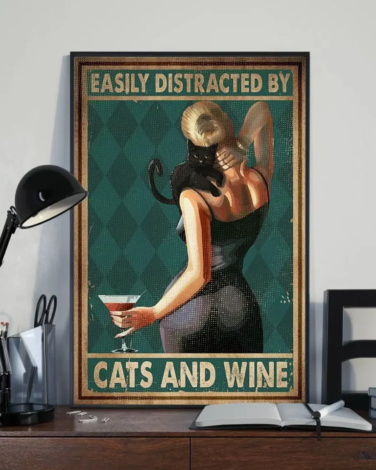Easily Distracted by Cats and Wine Blonde Girl Black Cat Poster
