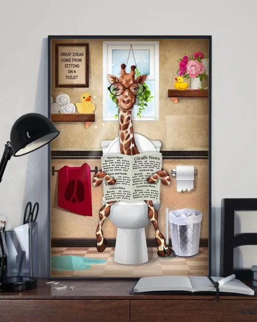 Giraffe Toilet Reading Newspaper Funny Dog Poster
