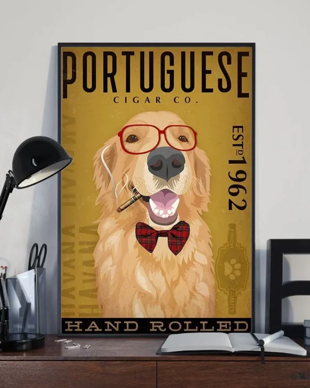 Golden Retriever Portuguese Cigar Co Hand Rolled Dog Funny Poster
