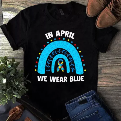 In April We Wear Blue Autism Awareness Boho Gift Tshirt