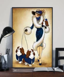 Lady With Cavalier Dog Walking Around Home Decor Poster
