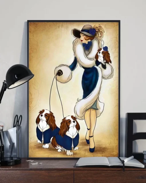 Lady With Cavalier Dog Walking Around Home Decor Poster