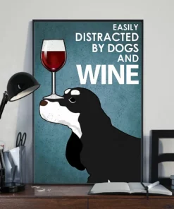 Easily Distracted By Dogs And Wine Black White Cocker Spaniel Dog Poster