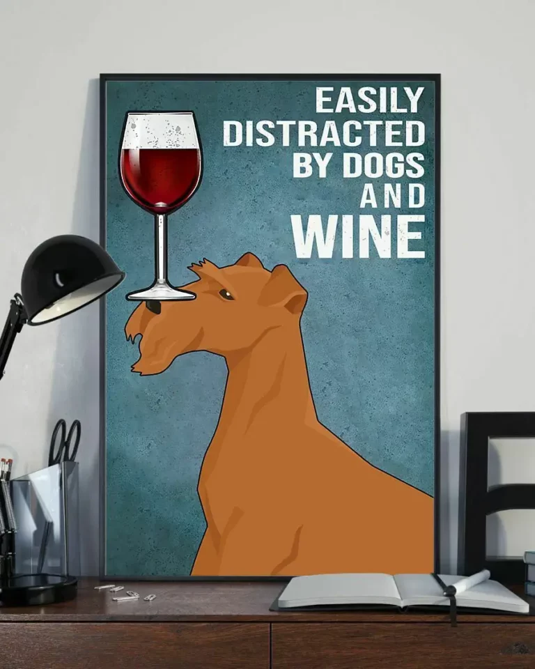 Easily Distracted by Dogs and Wine Irish Terrier Dog Poster