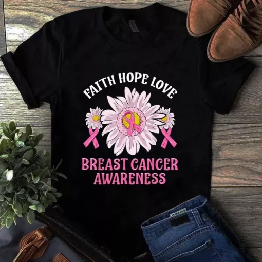 Faith Hope Love Breast Cancer Awareness Flower Pink Ribbon Tshirt