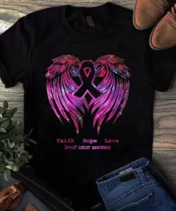 Faith Hope Love Breast Cancer Awareness Pink Wings Back Tshirt