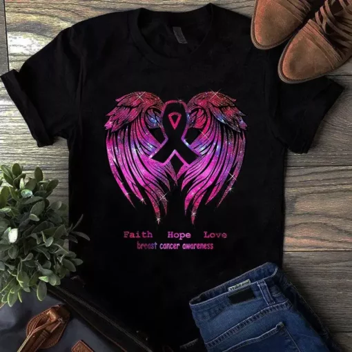 Faith Hope Love Breast Cancer Awareness Pink Wings Back Tshirt
