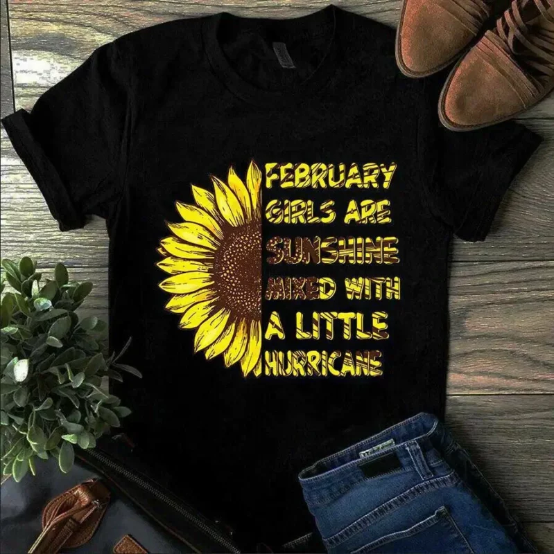 February Girls Are Sunshine Mixed With A Little Hurricane Sunflower Girl Tshirt