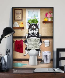 Husky Toilet Reading Newspaper Funny Dog Poster