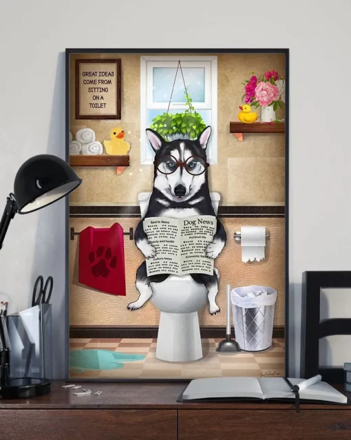 Husky Toilet Reading Newspaper Funny Dog Poster