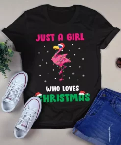 Just A Girl Who Loves Christmas Flamingo Xmas Light Gift Tshirt